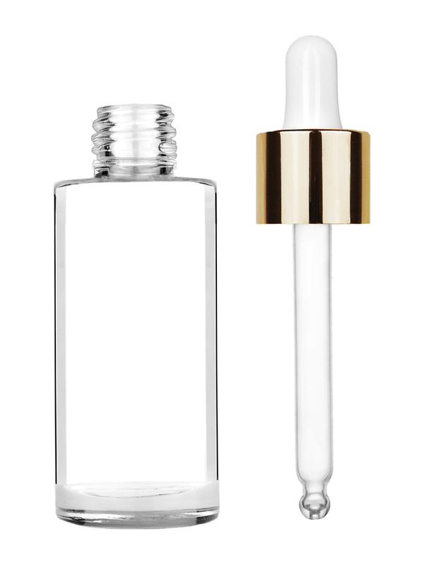 Cylinder design 25 ml  clear glass bottle  with white dropper with shiny gold collar cap.