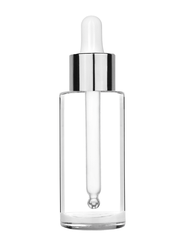 Cylinder design 25 ml clear glass bottle  with white dropper with shiny silver collar cap.