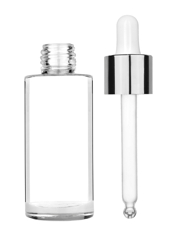 Cylinder design 25 ml clear glass bottle  with white dropper with shiny silver collar cap.