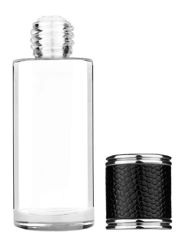 Cylinder design 25 ml clear glass bottle  with reducer and black faux leather cap.