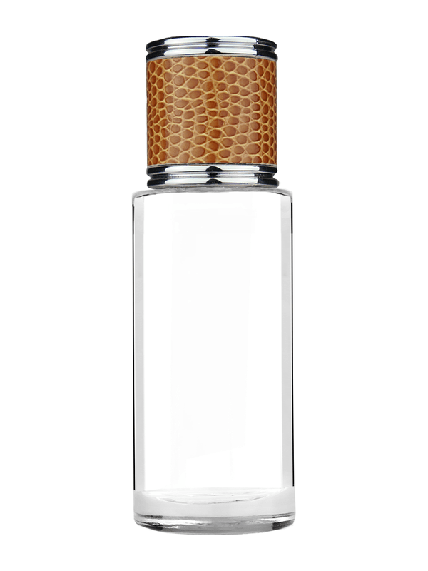 Cylinder design 25 ml  clear glass bottle with reducer and brown faux leather cap.