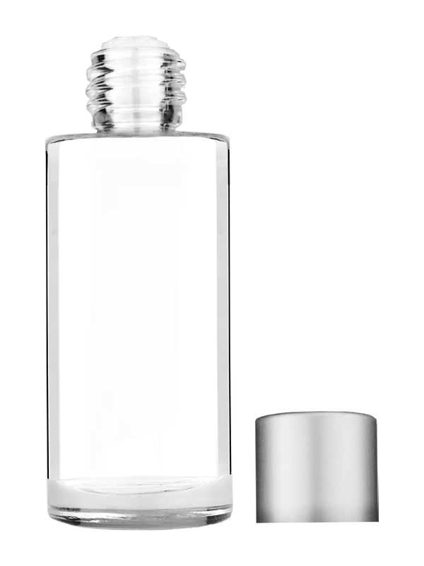 Cylinder design 25 ml  clear glass bottle  with reducer and silver matte cap.