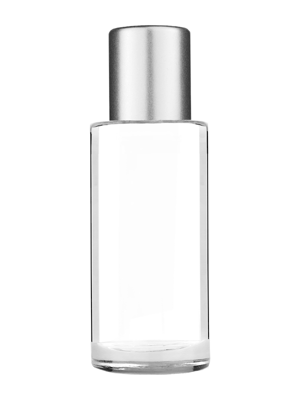 Cylinder design 25 ml clear glass bottle  with reducer and tall silver matte cap.