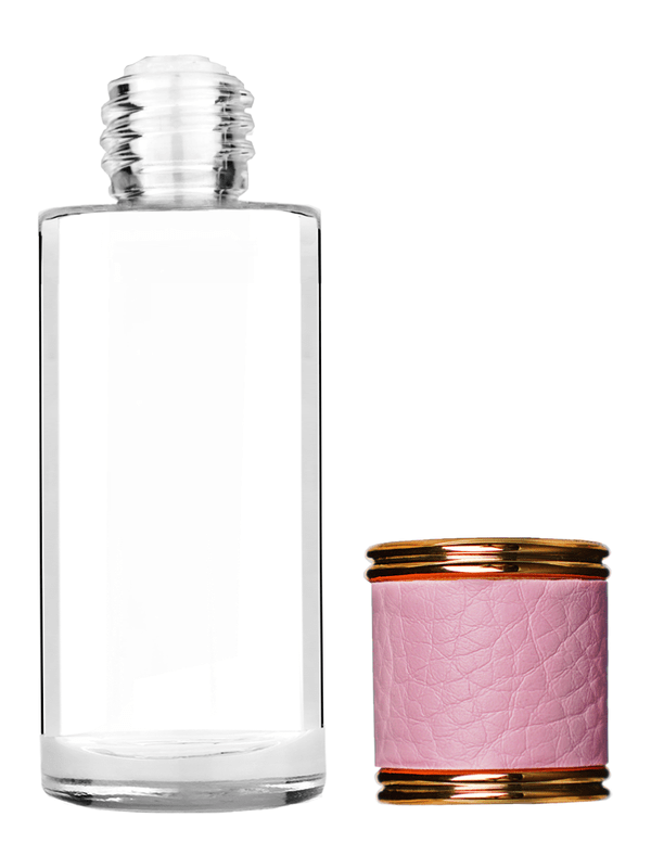 Cylinder design 25 ml  clear glass bottle  with reducer and pink faux leather cap.