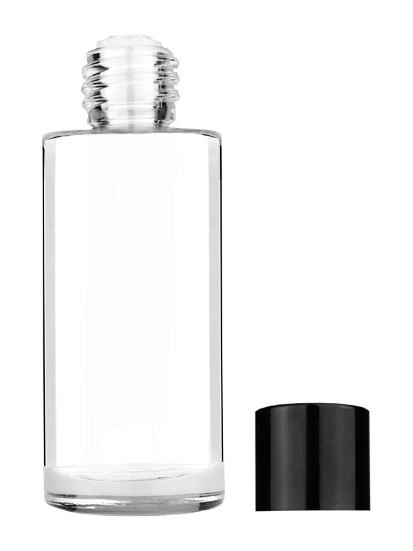 Cylinder design 25 ml  clear glass bottle  with reducer and black shiny cap.