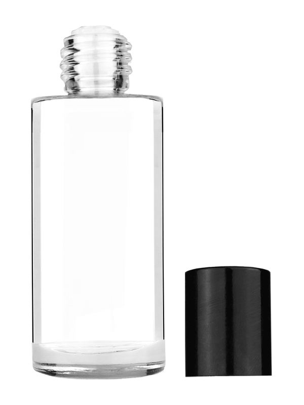 Cylinder design 25 ml clear glass bottle  with reducer and tall black shiny cap.