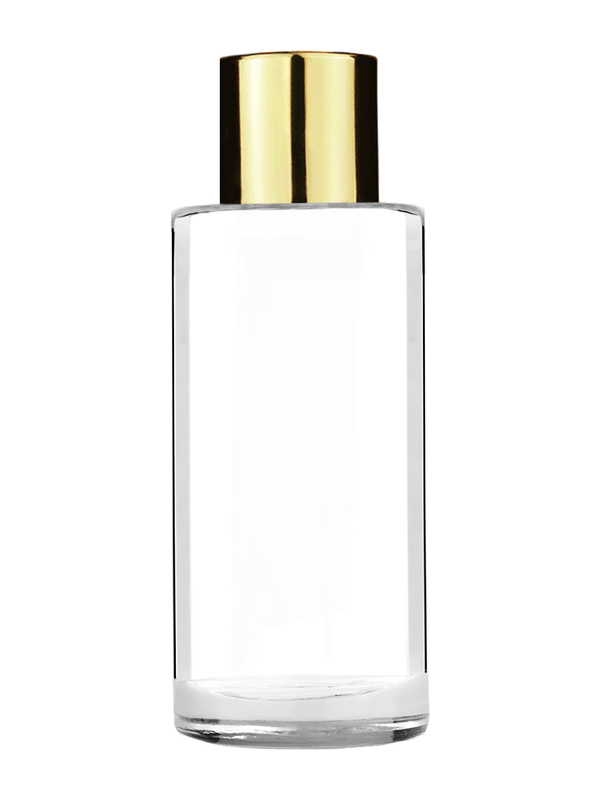 Cylinder design 25 ml clear glass bottle  with reducer and shiny gold cap.