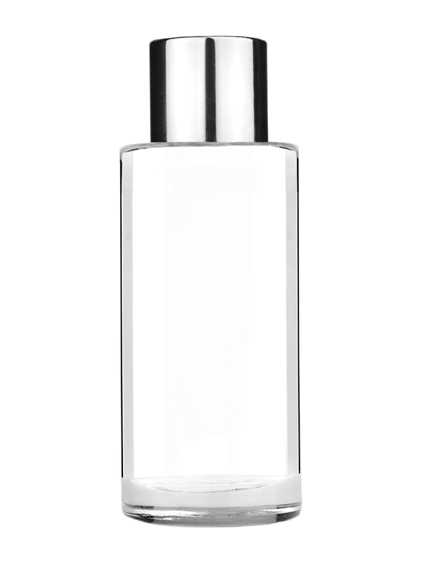 Cylinder design 25 ml  clear glass bottle  with reducer and shiny silver cap.