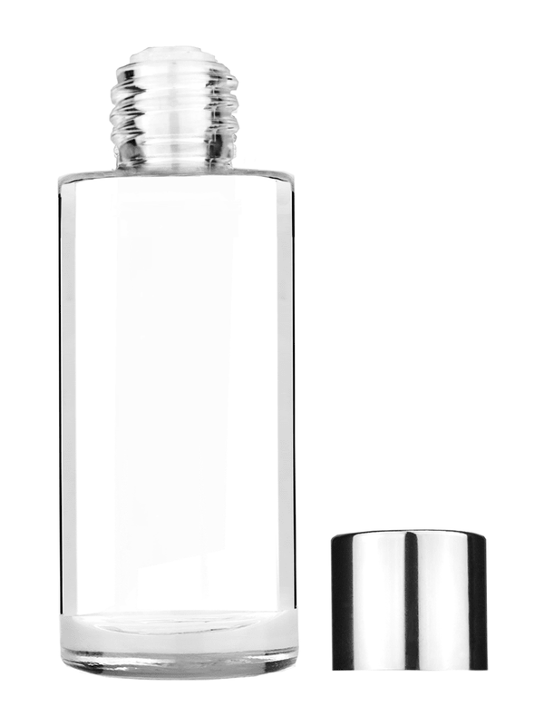 Cylinder design 25 ml  clear glass bottle  with reducer and shiny silver cap.