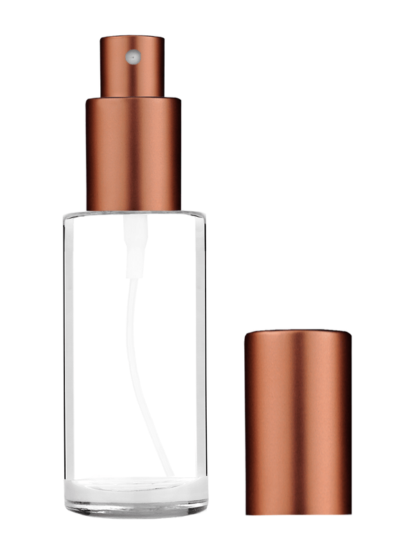 Cylinder design 25 ml  clear glass bottle  with matte copper spray pump.