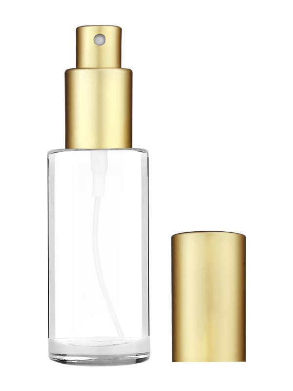 Cylinder design 25 ml  clear glass bottle  with matte gold spray pump.