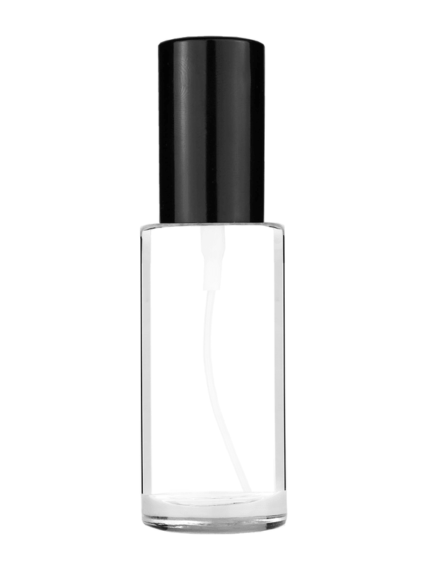 Cylinder design 25 ml  clear glass bottle  with shiny black spray pump.