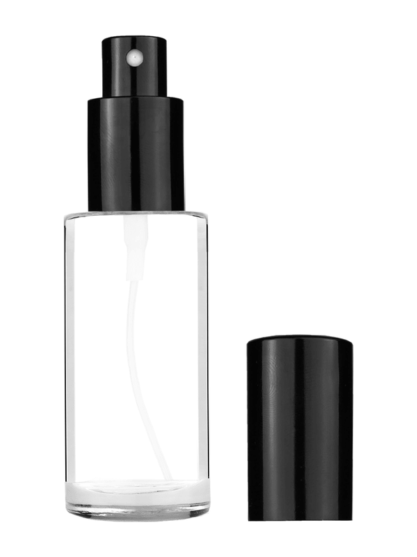 Cylinder design 25 ml  clear glass bottle  with shiny black spray pump.