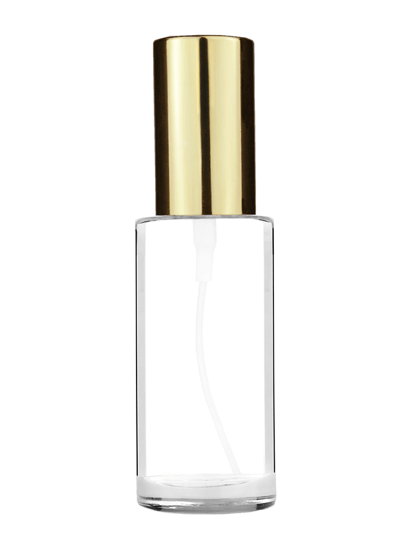 Cylinder design 25 ml  clear glass bottle  with shiny gold spray pump.