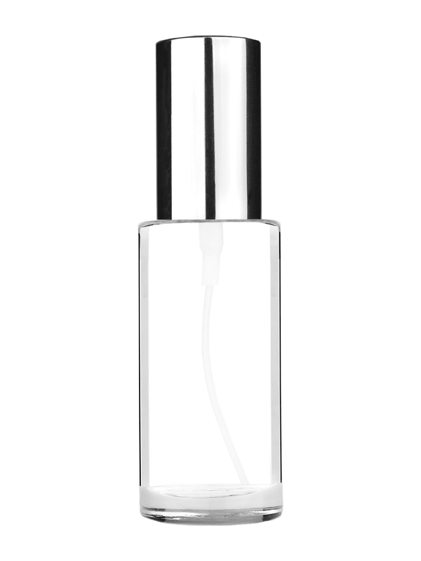 Cylinder design 25 ml  clear glass bottle  with shiny silver spray pump.