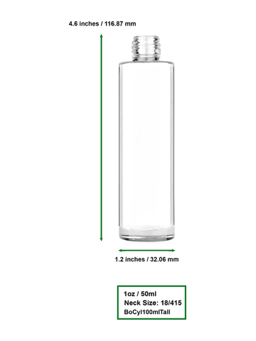 Cylinder design 50 ml, 1.7oz  clear glass bottle  with black vintage style bulb sprayer with shiny silver collar cap.