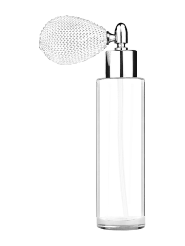 Cylinder design 50 ml, 1.7oz  clear glass bottle  with white vintage style bulb sprayer with shiny silver collar cap.