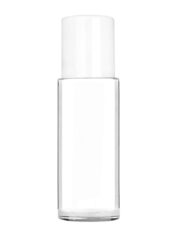 Cylinder style 50 ml bottle with metal roller ball plug and white cap.