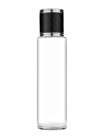 Cylinder design 50 ml, 1.7oz  clear glass bottle  with reducer and black faux leather cap.