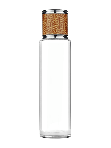 Cylinder design 50 ml, 1.7oz  clear glass bottle  with reducer and brown faux leather cap.