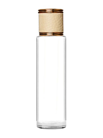 Cylinder design 50 ml, 1.7oz  clear glass bottle  with reducer and ivory faux leather cap.