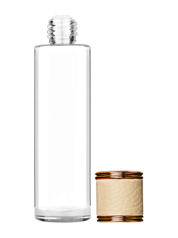 Cylinder design 50 ml, 1.7oz  clear glass bottle  with reducer and ivory faux leather cap.