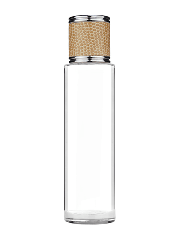 Cylinder design 50 ml, 1.7oz  clear glass bottle  with reducer and light brown faux leather cap.