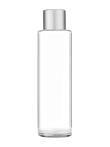 Cylinder design 50 ml, 1.7oz  clear glass bottle  with reducer and silver matte cap.