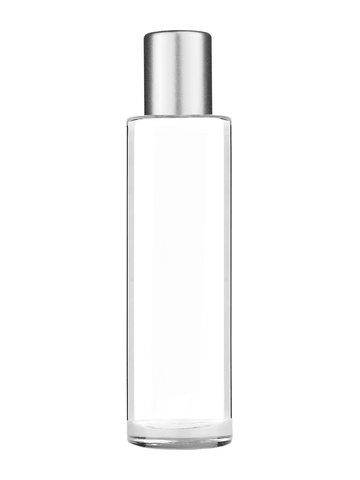 Cylinder design 50 ml, 1.7oz  clear glass bottle  with reducer and tall silver matte cap.