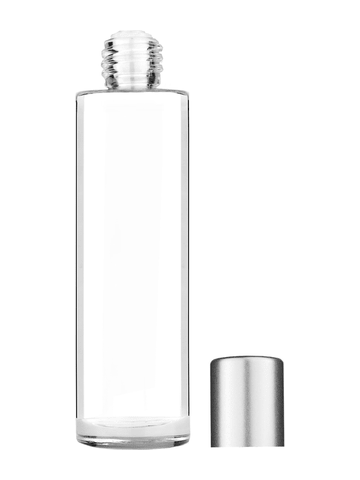 Cylinder design 50 ml, 1.7oz  clear glass bottle  with reducer and tall silver matte cap.