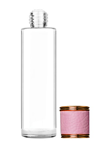 Cylinder design 50 ml, 1.7oz  clear glass bottle  with reducer and pink faux leather cap.