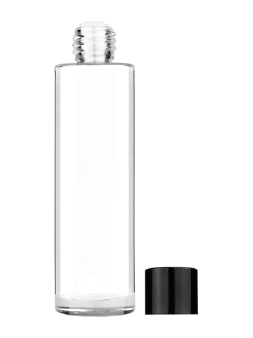 Cylinder design 50 ml, 1.7oz  clear glass bottle  with reducer and black shiny cap.