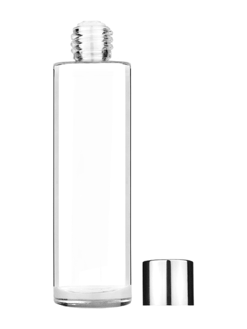 Cylinder design 50 ml, 1.7oz  clear glass bottle  with reducer and shiny silver cap.