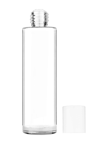 Cylinder design 50 ml, 1.7oz  clear glass bottle  with reducer and white cap.