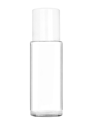 Cylinder style 50 ml bottle with plastic roller ball plug and white cap.