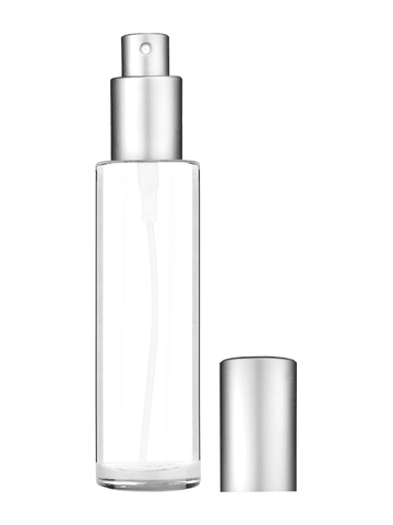 Cylinder design 50 ml, 1.7oz  clear glass bottle  with matte silver spray pump.