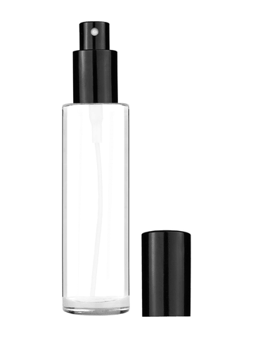 Cylinder design 50 ml, 1.7oz  clear glass bottle  with shiny black spray pump.