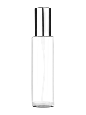 Cylinder design 50 ml, 1.7oz  clear glass bottle  with shiny silver spray pump.