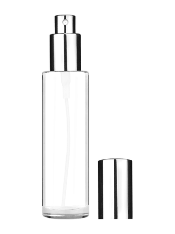 Cylinder design 50 ml, 1.7oz  clear glass bottle  with shiny silver spray pump.