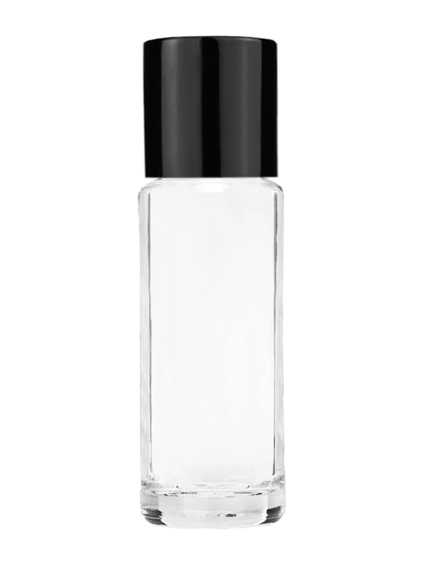 Empty Clear glass bottle with short shiny black cap capacity: 5.5ml, 1/6oz. For use with perfume or fragrance oil, essential oils, aromatic oils and aromatherapy.