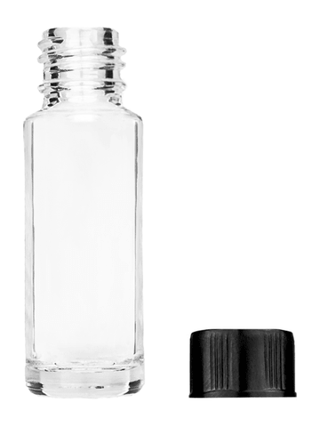 Cylinder design 5.5ml, 1/6oz Clear glass bottle with short black ridged cap.