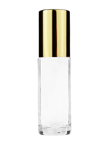 Cylinder design 5.5ml, 1/6oz Clear glass bottle with shiny gold cap.