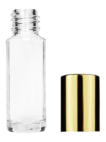 Cylinder design 5.5ml, 1/6oz Clear glass bottle with shiny gold cap.