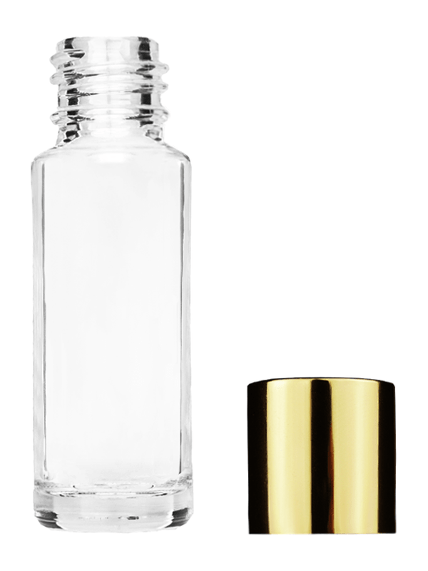 Empty Clear glass bottle with short shiny gold cap capacity: 5.5ml, 1/6oz. For use with perfume or fragrance oil, essential oils, aromatic oils and aromatherapy.