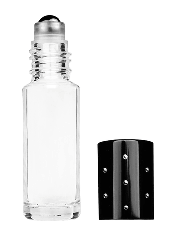 Cylinder design 5.5ml, 1/6oz Clear glass bottle with metal roller ball plug and black shiny cap with dots.