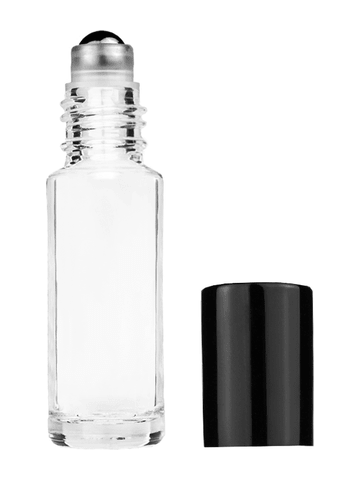 Cylinder design 5.5ml, 1/6oz Clear glass bottle with metal roller ball plug and black shiny cap.