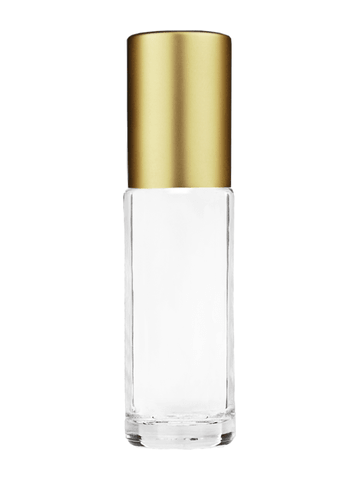 Cylinder design 5.5ml, 1/6oz Clear glass bottle with metal roller ball plug and matte gold cap.