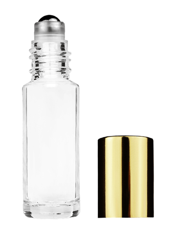 Cylinder design 5.5ml, 1/6oz Clear glass bottle with metal roller ball plug and shiny gold cap.