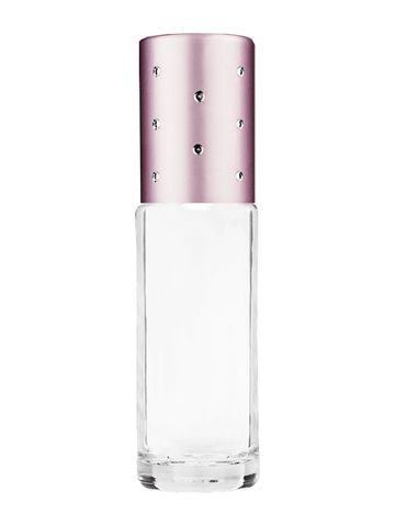 Cylinder design 5.5ml, 1/6oz Clear glass bottle with metal roller ball plug and pink cap with dots.