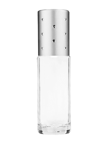 Cylinder design 5.5ml, 1/6oz Clear glass bottle with metal roller ball plug and silver cap with dots.